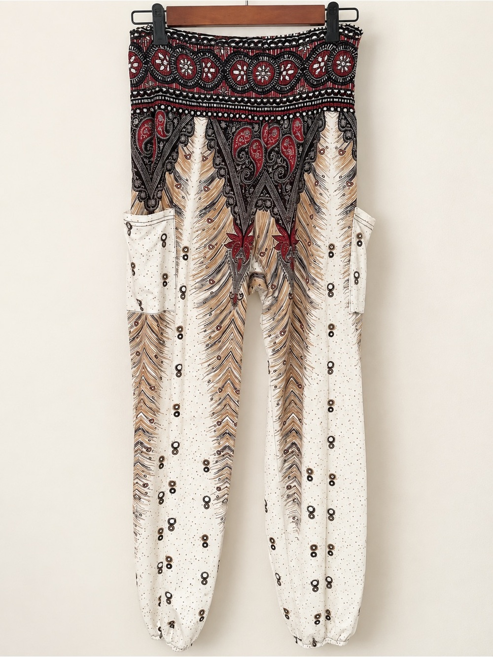 Boho Feather Paisley Harem Cargo Pocket Jogger Pants Small